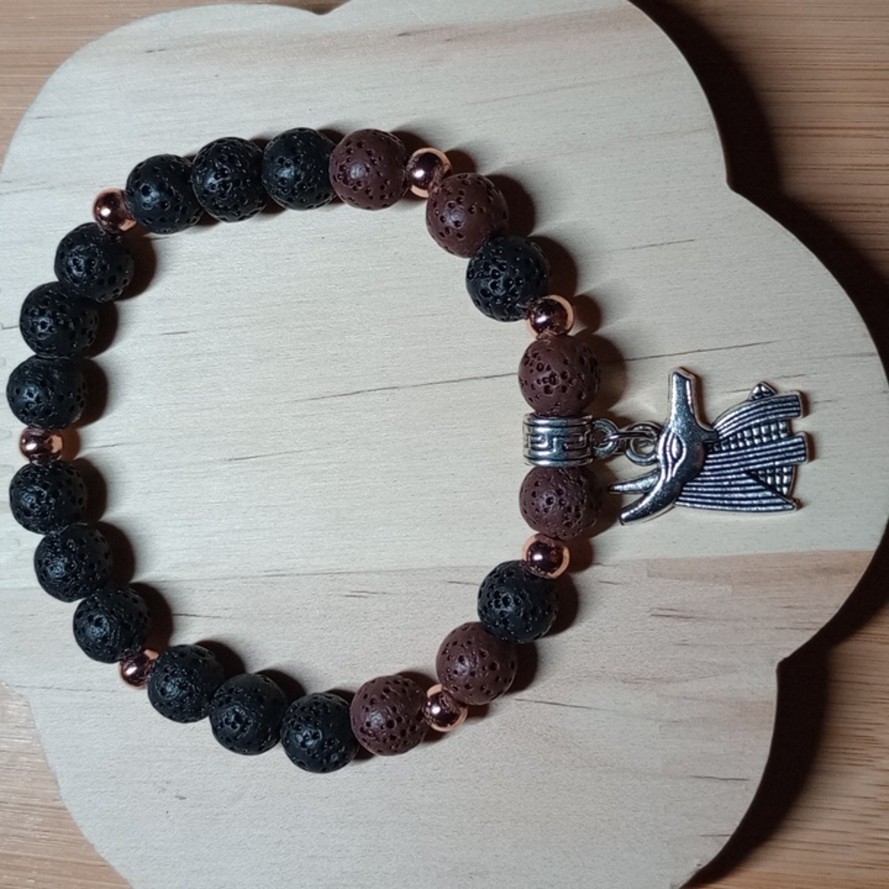 Anubis Charm And Lava Stone Beaded Bracelet - Black and Brown